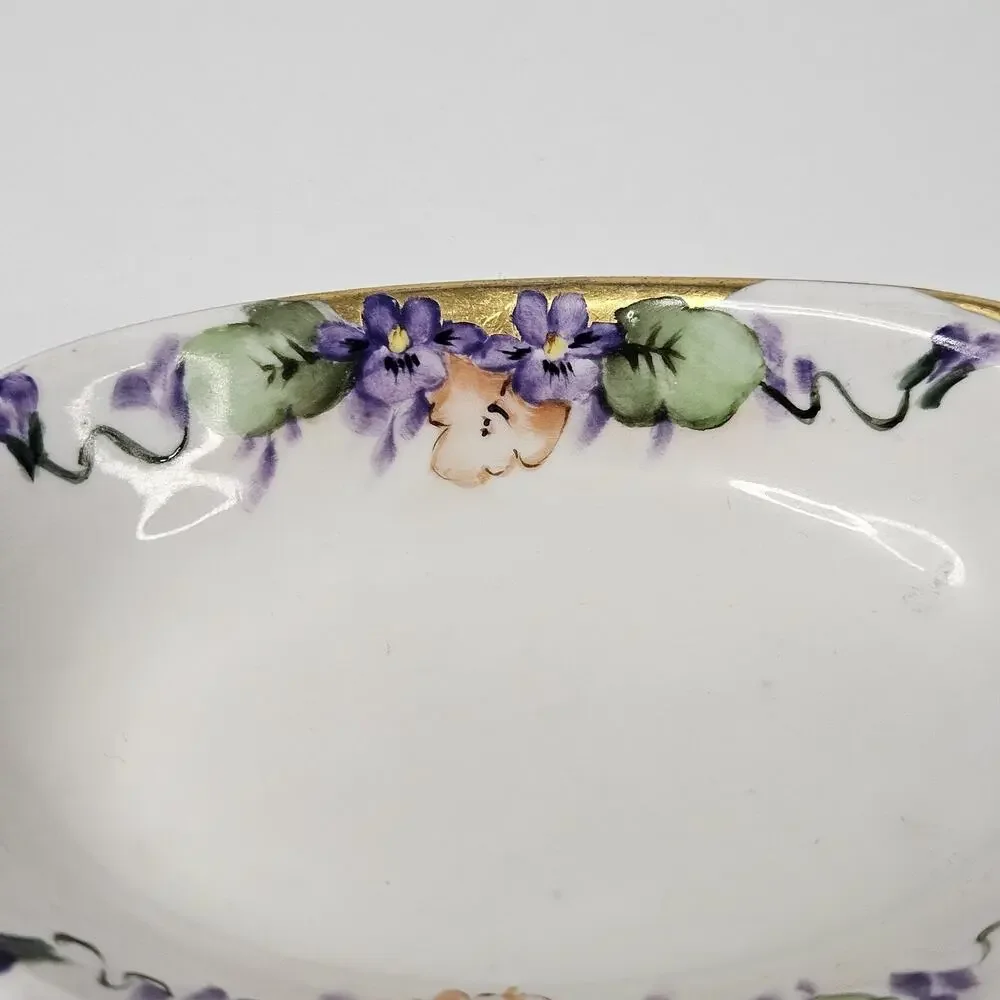 Antique hand-painted porcelain nappy dish candy bowl violet motif gold trim